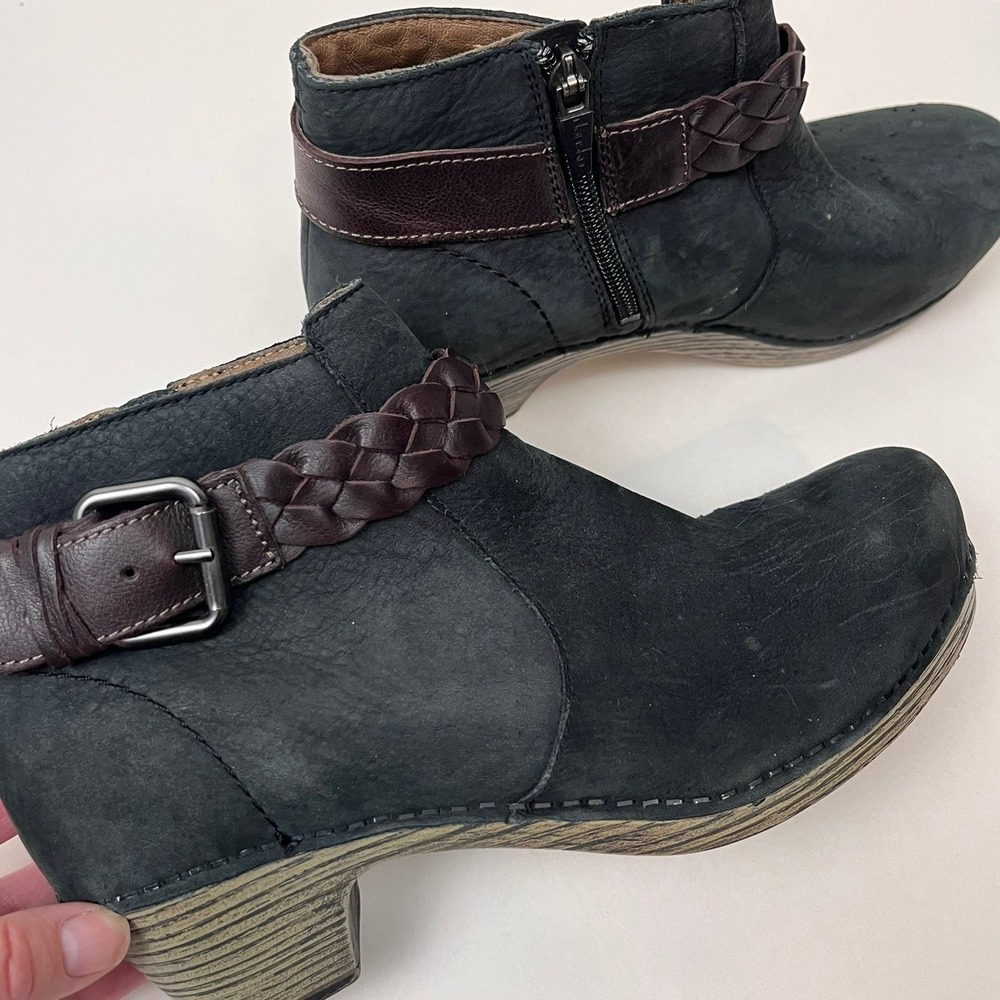 Dansko Women's 38 US 7.5-8 Black Leather Ankle Boots Braided Strap Block Heel
